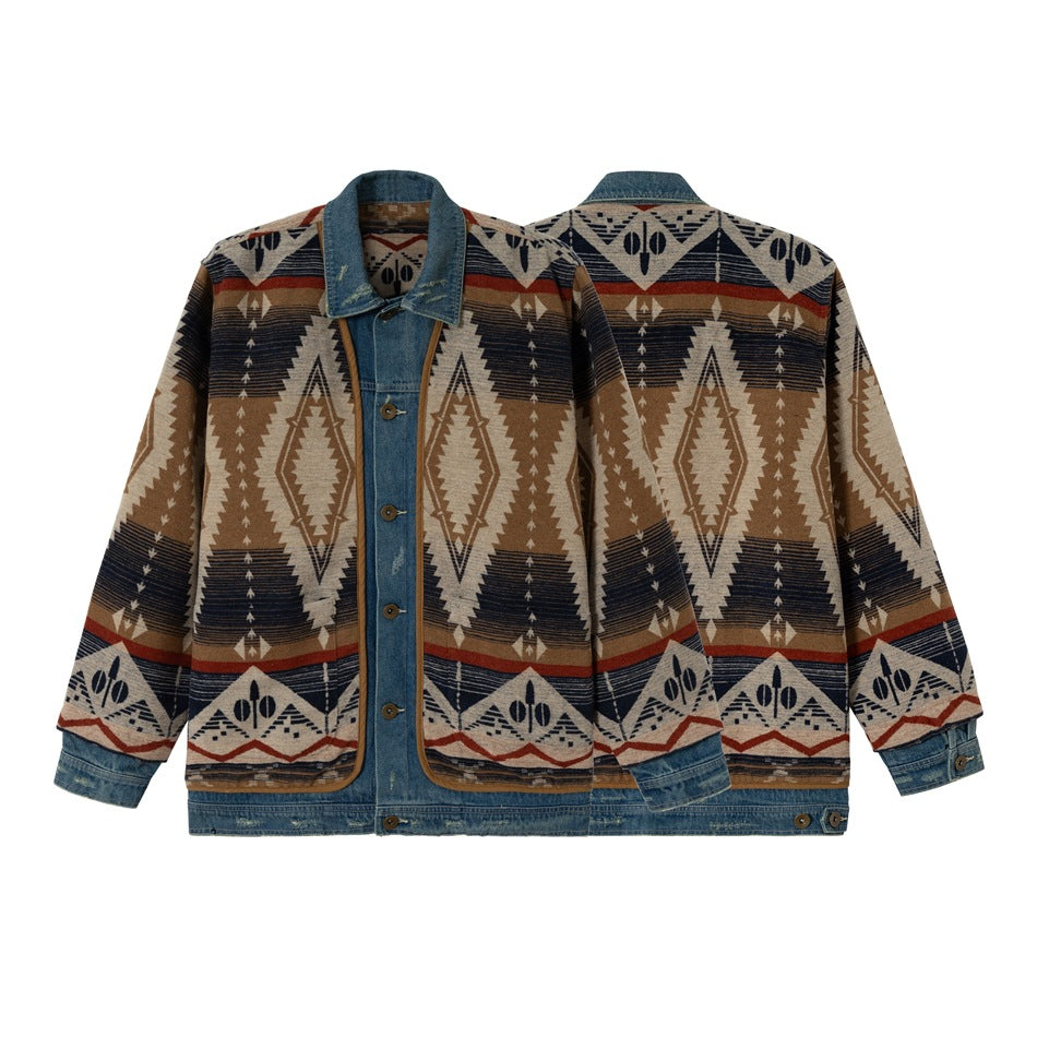 Unisex Loose-Fitting Jacquard Liner Jacket with Denim Trim and Graphic Ethno Pattern Mune Fashion