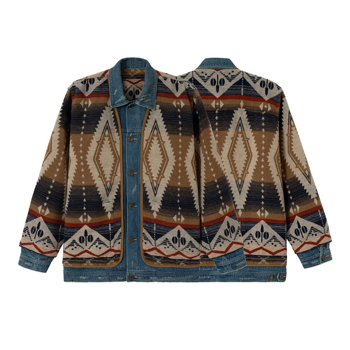 Unisex Loose-Fitting Jacquard Liner Jacket with Denim Trim and Graphic Ethno Pattern Mune Fashion