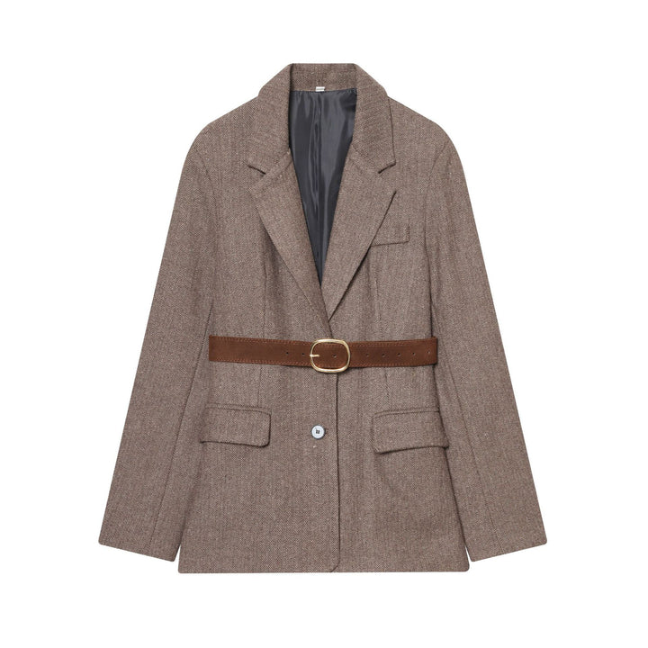 Women’s tailored herringbone coat blazer with leather belt, patch pockets and a falling lapel Mune Fashion