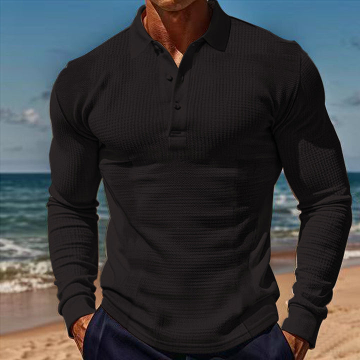Men's form-fitting long sleeve Henley polo shirt made of fine ribbed structure Mune Fashion