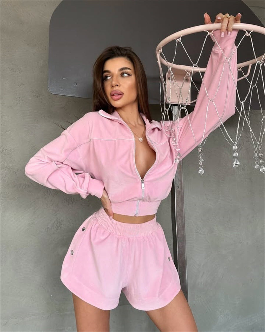 Women's short velour lounge set with cropped zip hoodie and elastic high-waist shorts Mune Fashion
