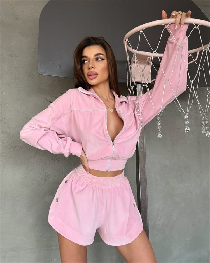 Women's short velour lounge set with cropped zip hoodie and elastic high-waist shorts Mune Fashion