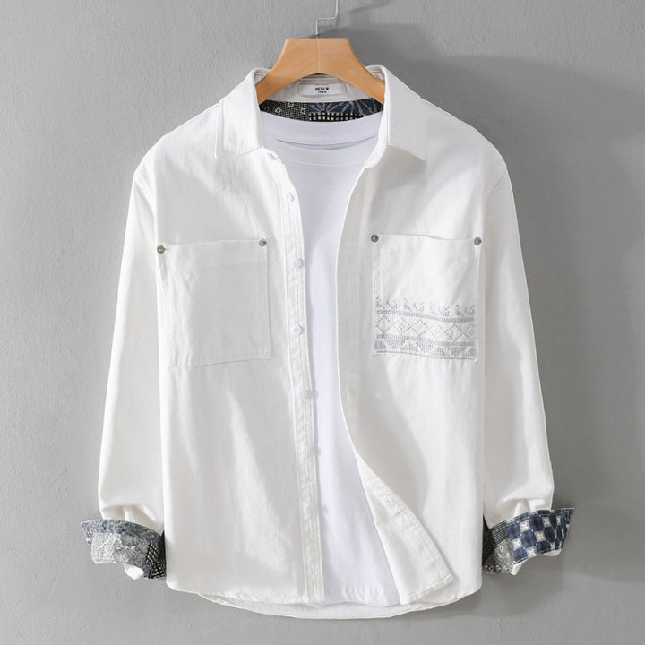 Men's cotton overshirt with contrast lining, chest pockets and fine embroidery Mune Fashion