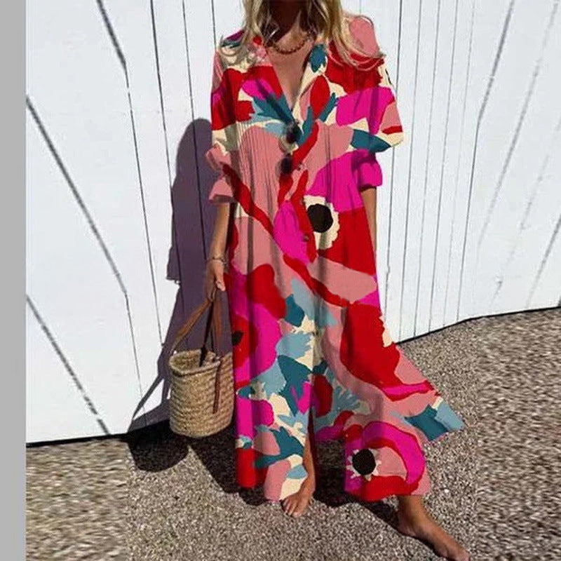 Women Flowing Maxi Dress with Continuous Button Placket V-Neck and Folk Print Mune Fashion