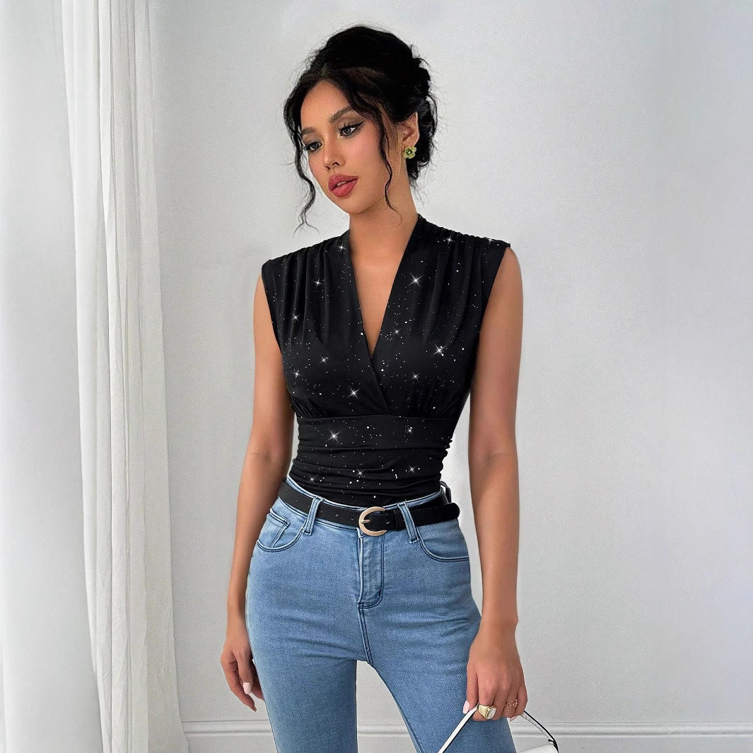 Women's sleeveless wrap top with deep V-neck, tailored draping and sparkling star print Mune Fashion