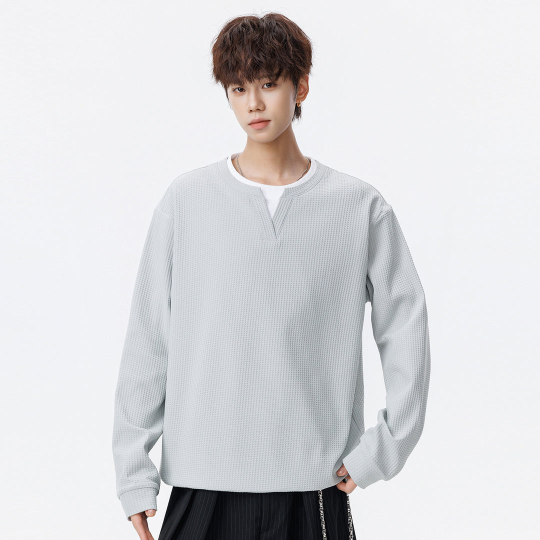 Men's Oversized Waffle Structure Long Sleeve Shirt with V Insert and Layering Look Mune Fashion