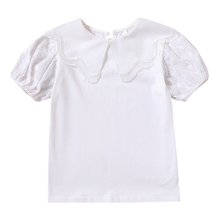 Girls blouse with decorative eyelet embroidery and voluminous puff sleeves Mune Fashion
