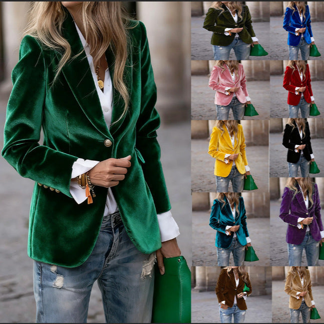 Women's tailored velvet blazer with lapel collar and single-button closure Mune Fashion
