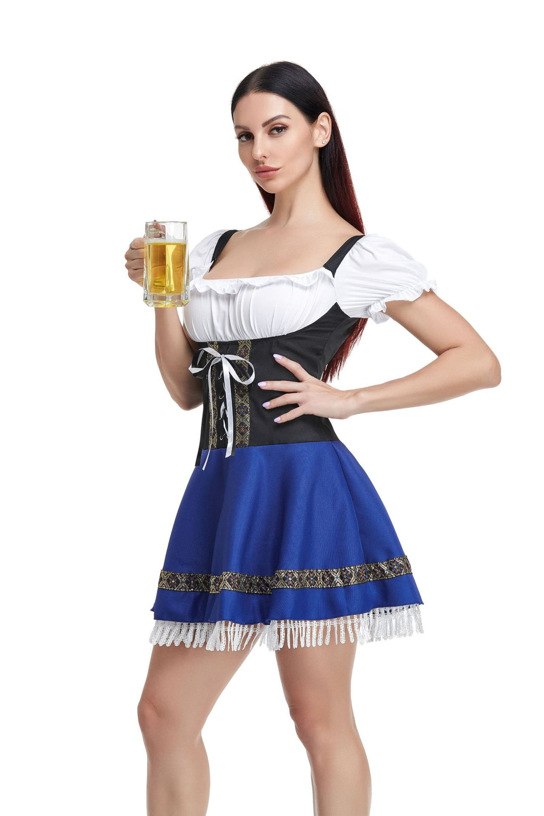 Ladies traditional dirndl dress with lace sleeves, bodice corset, and gathered apron Mune Fashion