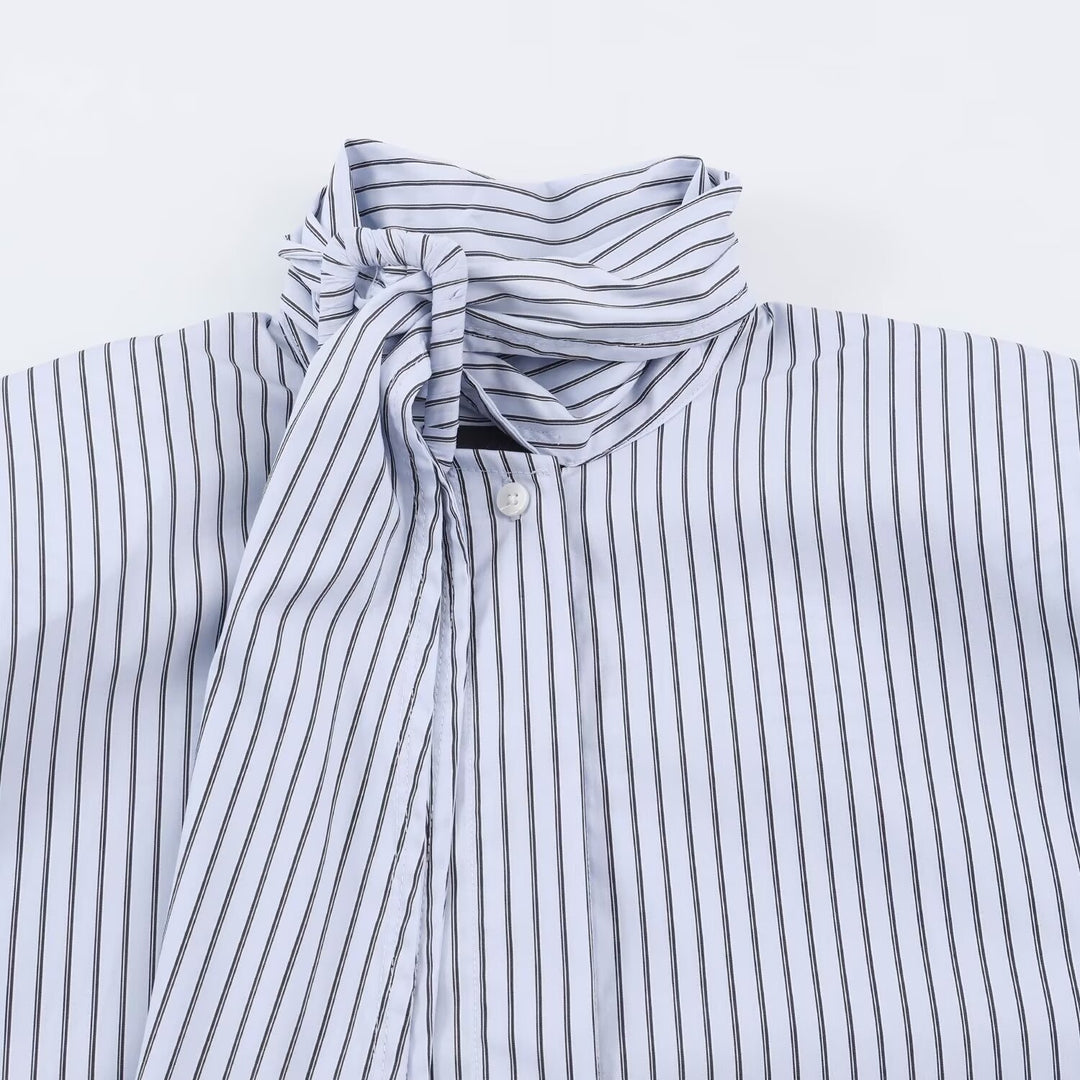 Women's Striped Slip Blouse with Bow Collar and Concealed Button Placket Drune