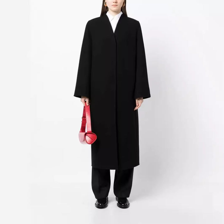Women's Maxi-Length Minimalist Coat with Concealed Front and Boxy Shoulder Mune Fashion