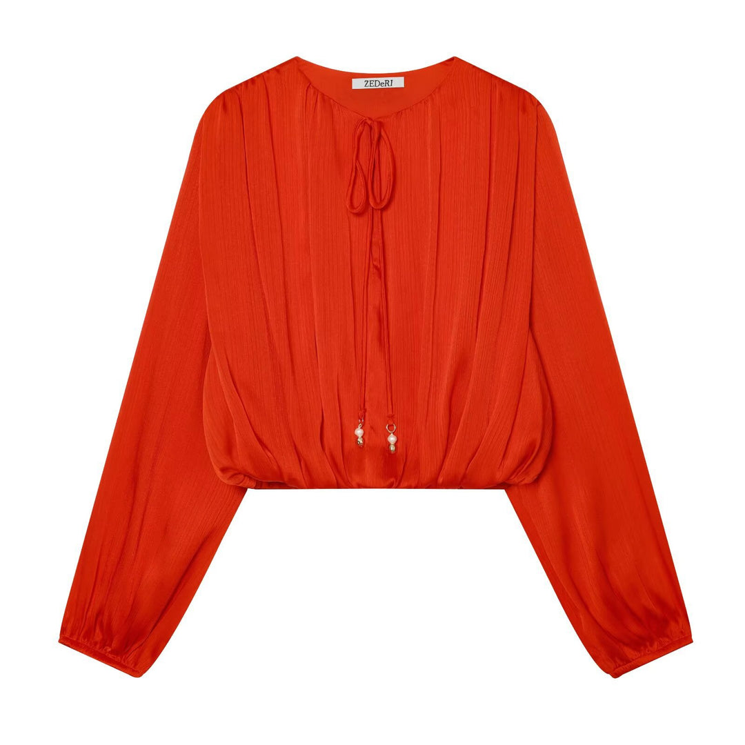 Women's Pleated Cropped Blouse with Drawstring and Balloon Sleeves Mune Fashion