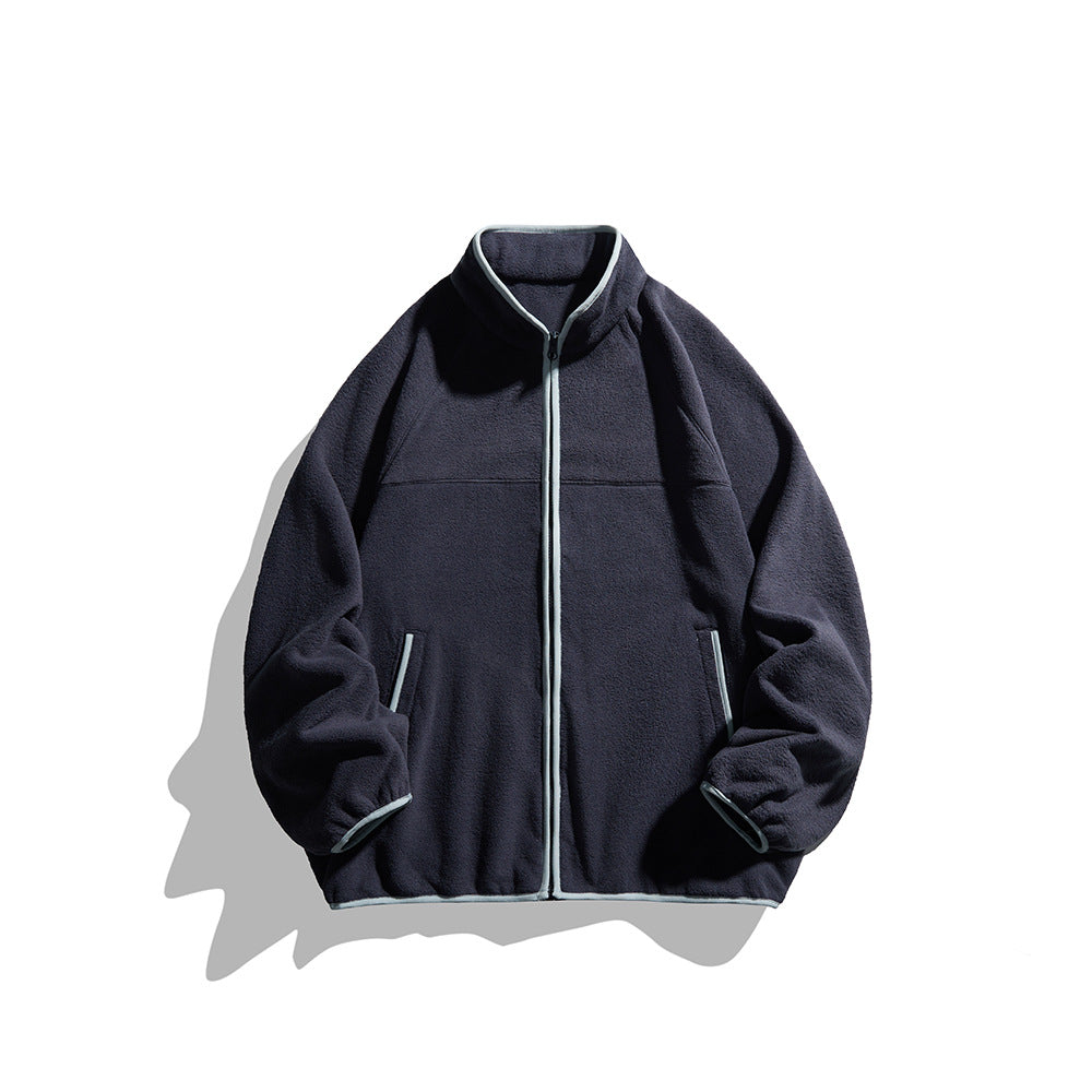 Unisex Oversize Fleece Jacket with Stand-Up Collar, Full-Length Zipper, and Contrast Piping Mune Fashion