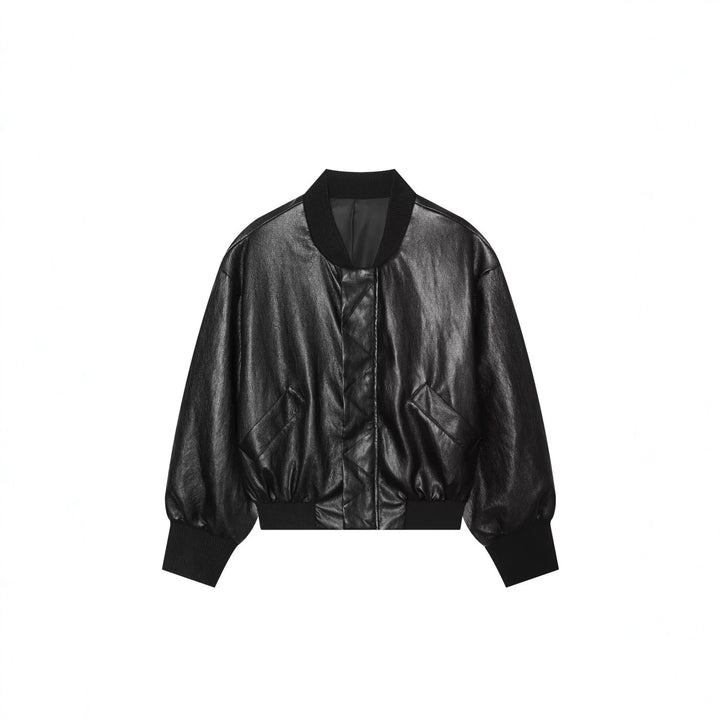 Women's Cropped Leather Bomber Jacket with Ribbed Hem and Flap Pockets Mune Fashion