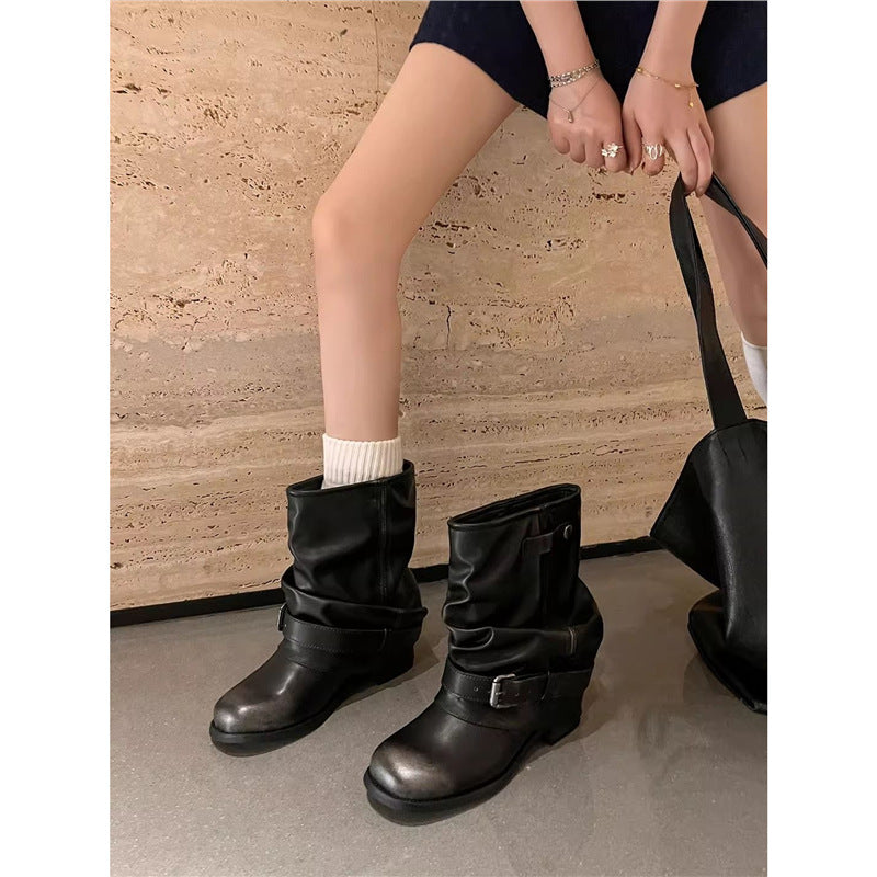 Women Slouch Biker Boots with Gathered Shaft, Decorative Buckle and Flat Profile Heel Mune Fashion