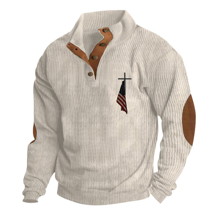 Men's structured troyer with faux leather elbow patches, V-button placket, and discreet emblem Mune Fashion