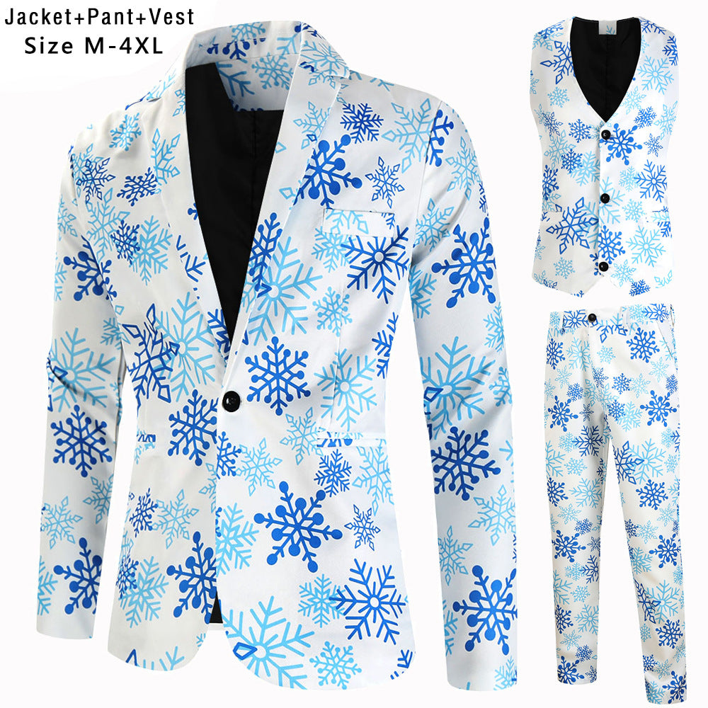Men's Christmas three-piece suit set with jacket, vest, and trousers in all-over reindeer-tree pattern Mune Fashion