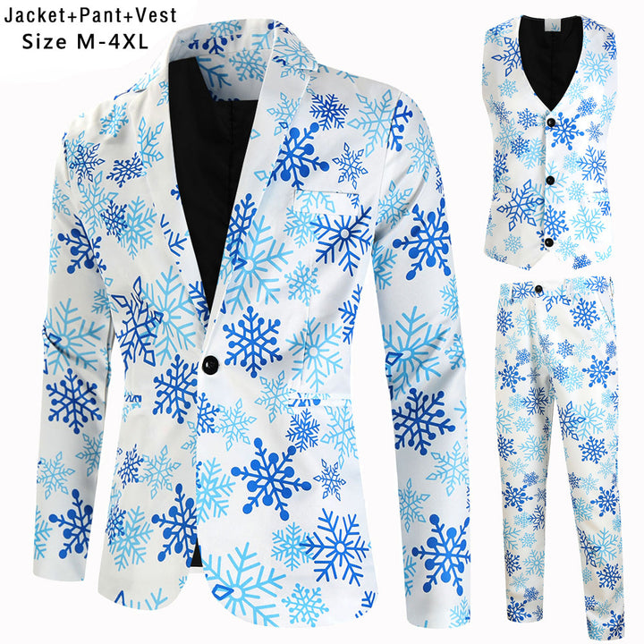 Men's Christmas three-piece suit set with jacket, vest, and trousers in all-over reindeer-tree pattern Mune Fashion