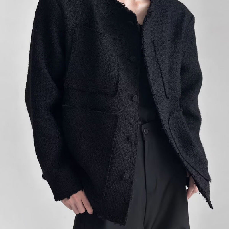 Women's Oversized Boucle Jacket without Collar with Patch Pockets and Raw Edge Details Mune Fashion