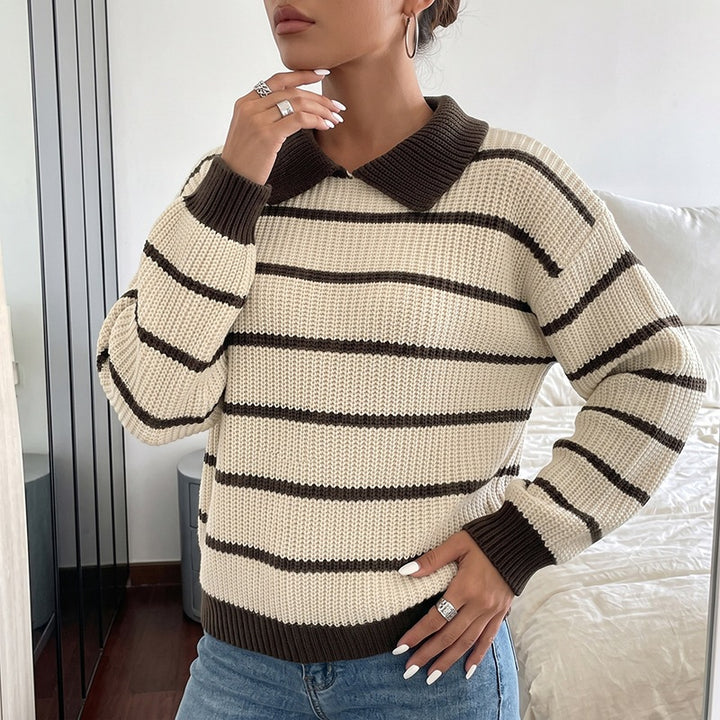Women's Striped Sweater with Collar Mune Fashion