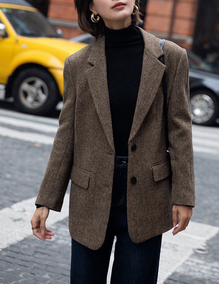 Ladies Elegant Tweed Blazer with Waist Belt Mune Fashion