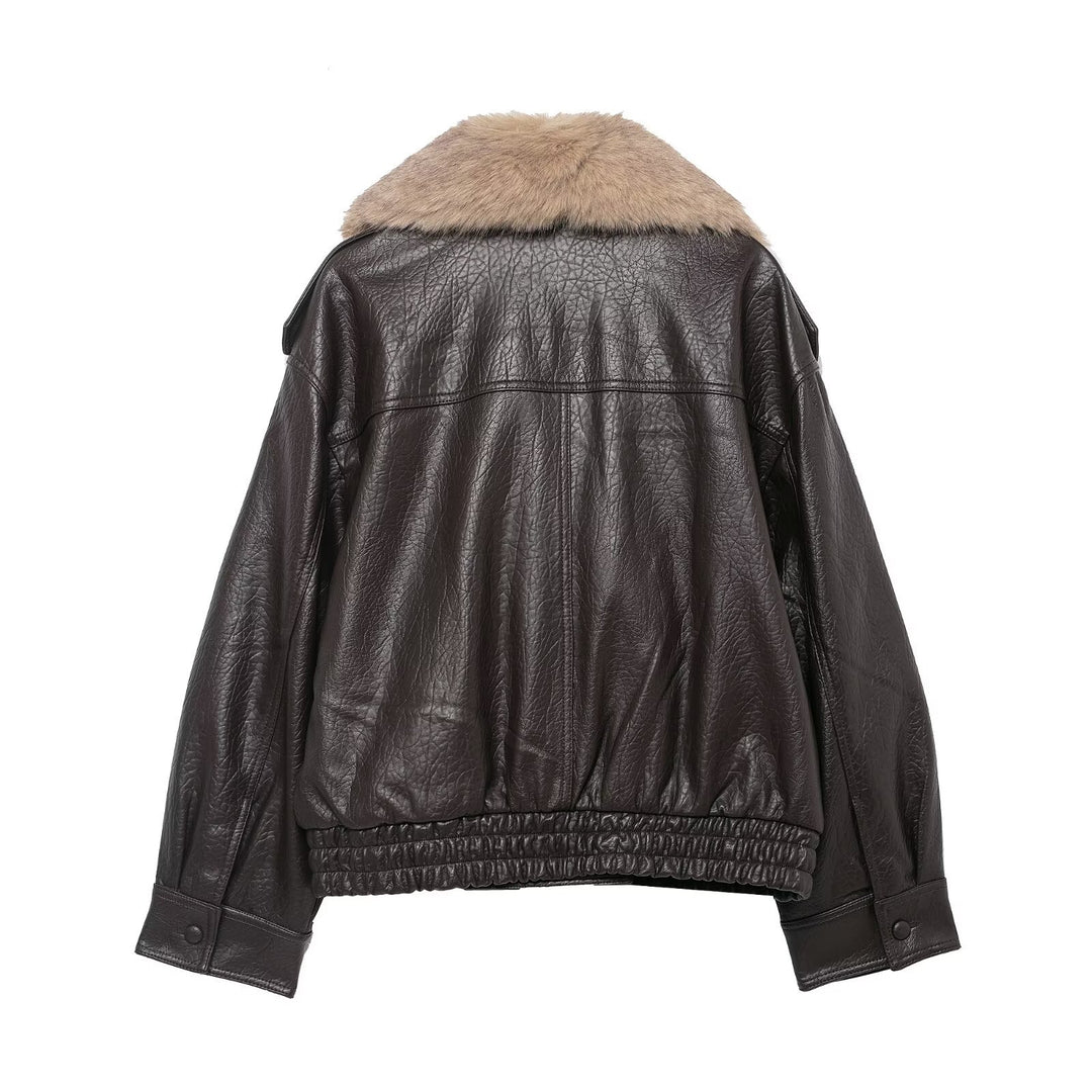 Women's Cropped Leather Jacket with voluminous Fur Collar and Waist Smock Mune Fashion