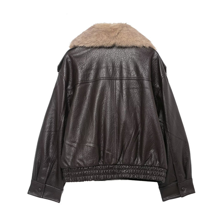 Women's Cropped Leather Jacket with voluminous Fur Collar and Waist Smock Mune Fashion