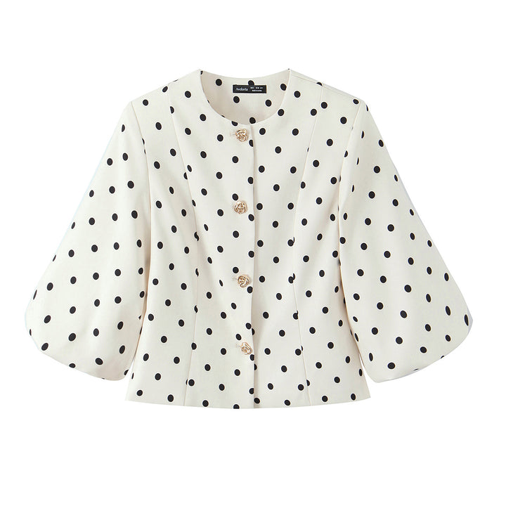 Ladies Polka Dot Short Jacket with Balloon Sleeves and Decorative Button Placket Mune Fashion