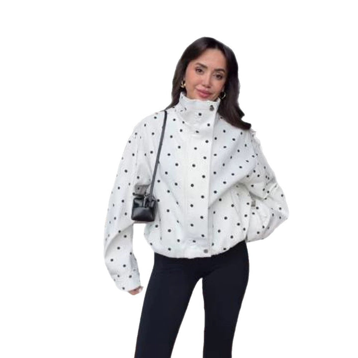 Women's Oversize Blouson with Stand-Up Collar and Polka Dot Print Mune Fashion