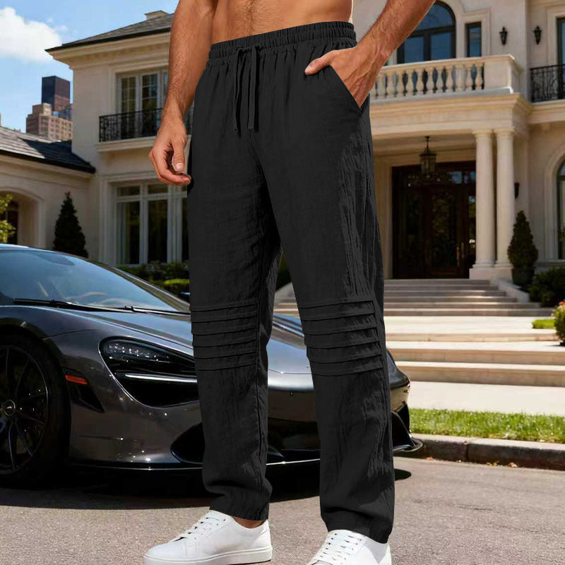 Men's Linen Look Lounge Pants with Drawstring Elastic Waistband and Quilted Knee Panels Mune Fashion