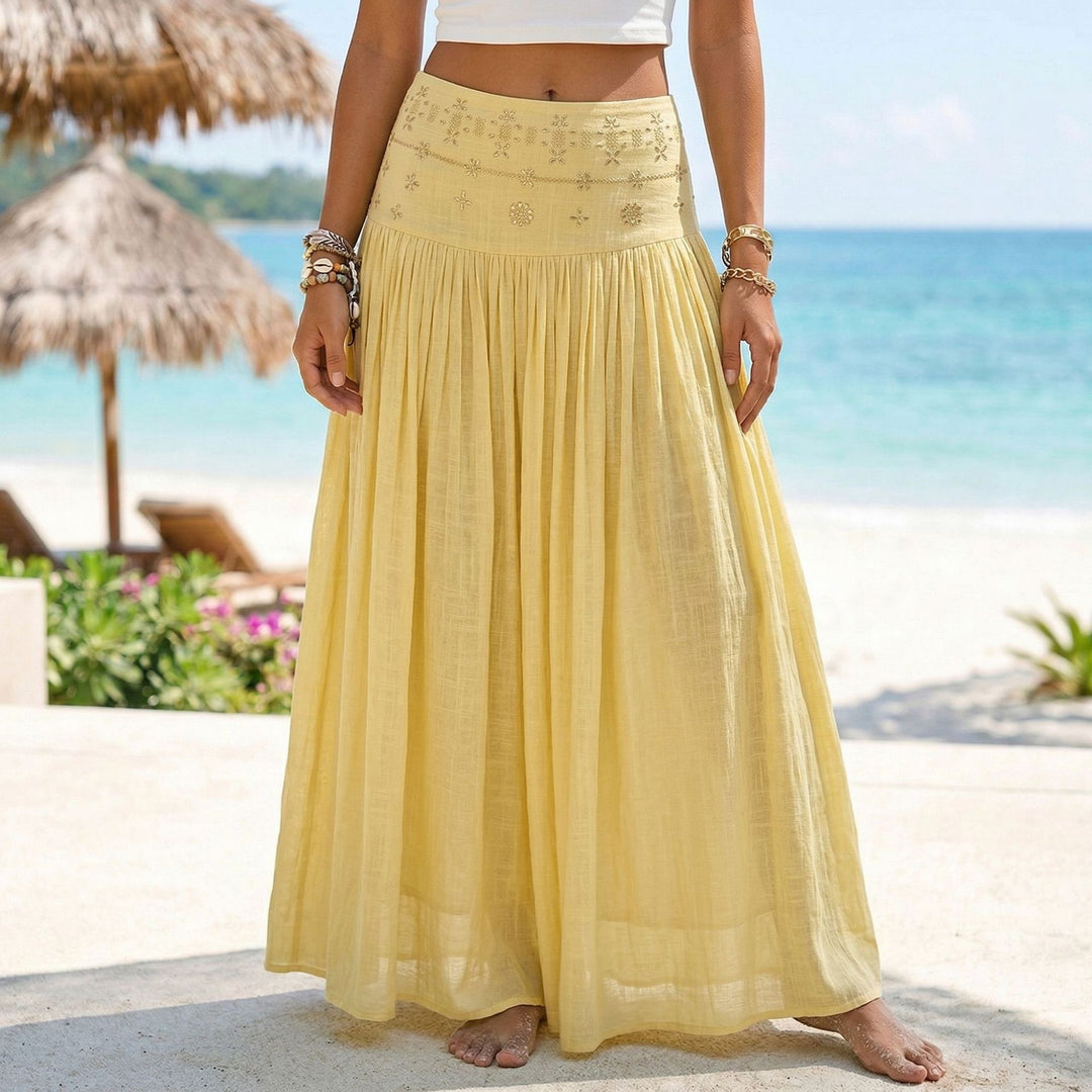 Ladies nan maxi-flounce skirt with embroidered waistband and fine pleats Mune Fashion