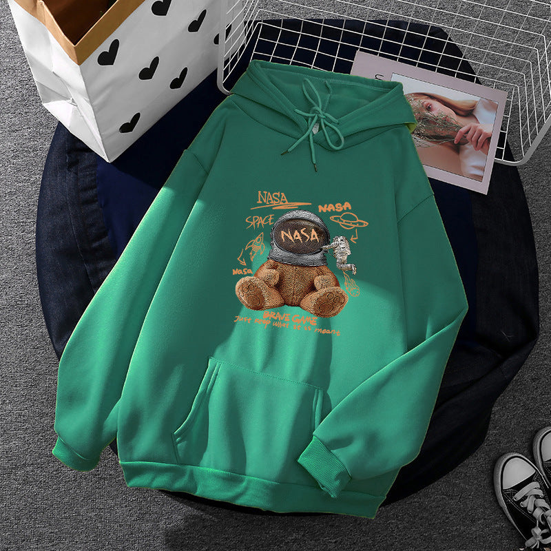Women casual hoodie with astronaut teddy print, kangaroo pocket and soft fleece lining Mune Fashion