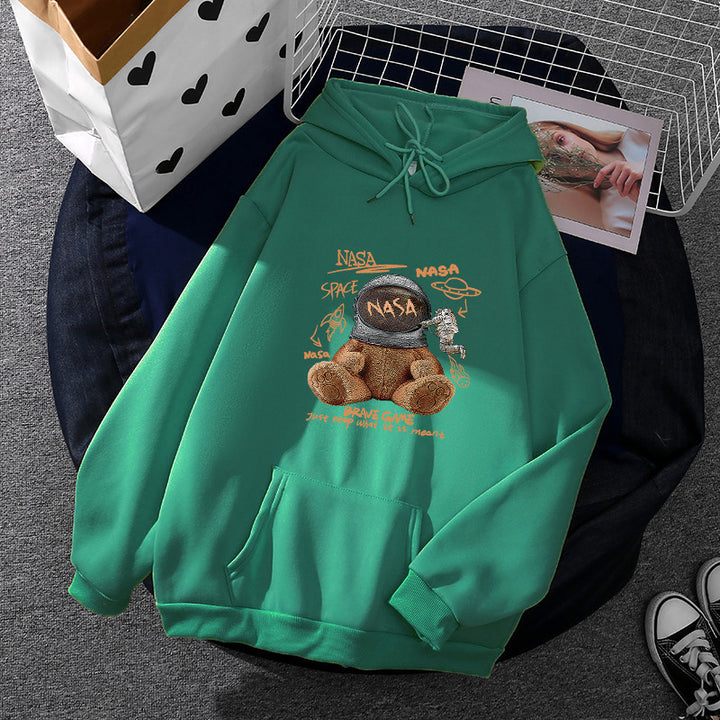 Women casual hoodie with astronaut teddy print, kangaroo pocket and soft fleece lining Mune Fashion