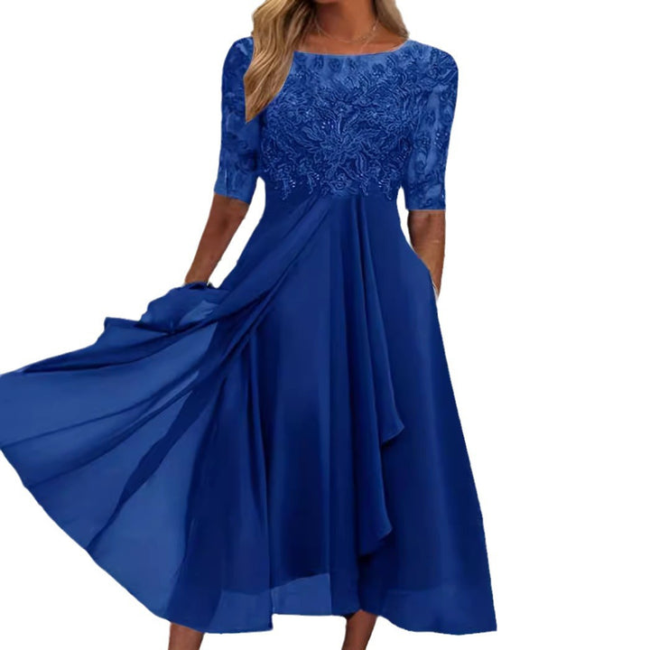 Women's elegant chiffon midi dress with embroidered lace top and three-quarter sleeves Mune Fashion