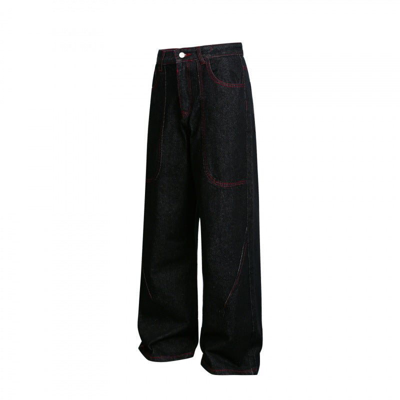Women Wide High-Waist Denim Pants in Utility Look with Contrast Stitching Mune Fashion