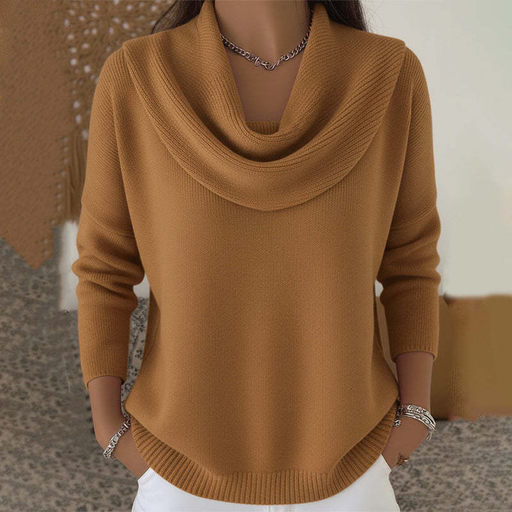 Women's shimmering knit sweater with waterfall collar, fine glitter structure and slim hem Mune Fashion