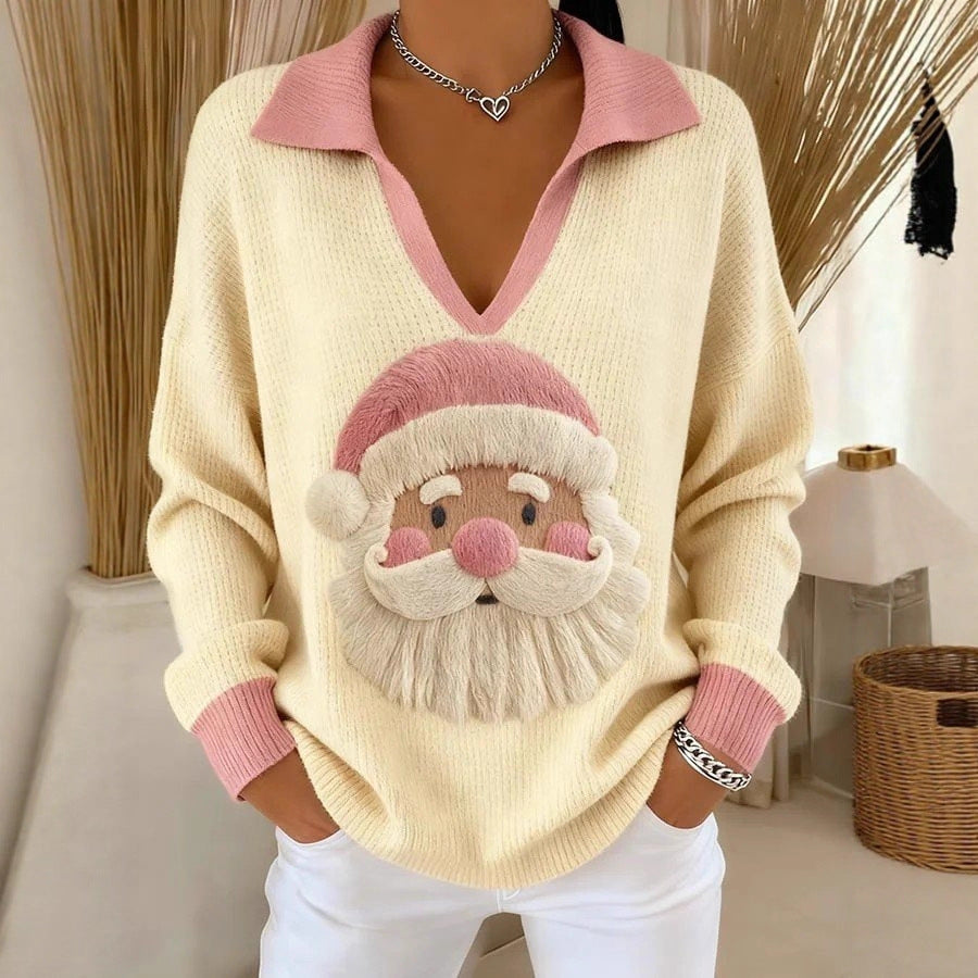 Ladies Soft Knit Sweater with V-Neck, Polo Collar and 3D Christmas Motif Drune