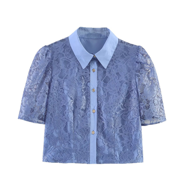 Women Transparent Lace Blouse with Shirt Collar and Puff Sleeves Mune Fashion