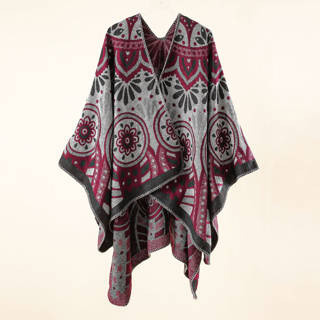 Women's wool blend cape poncho with ornamental jacquard structure and open fall Mune Fashion