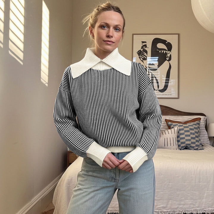 Women's Striped Knit Sweater with Oversized Contrast Collar Mune Fashion