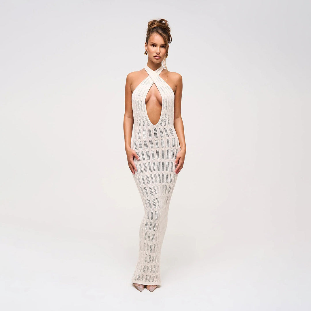 Women trendy net dress with tie belt Mune Fashion