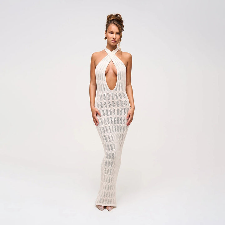 Women trendy net dress with tie belt Mune Fashion