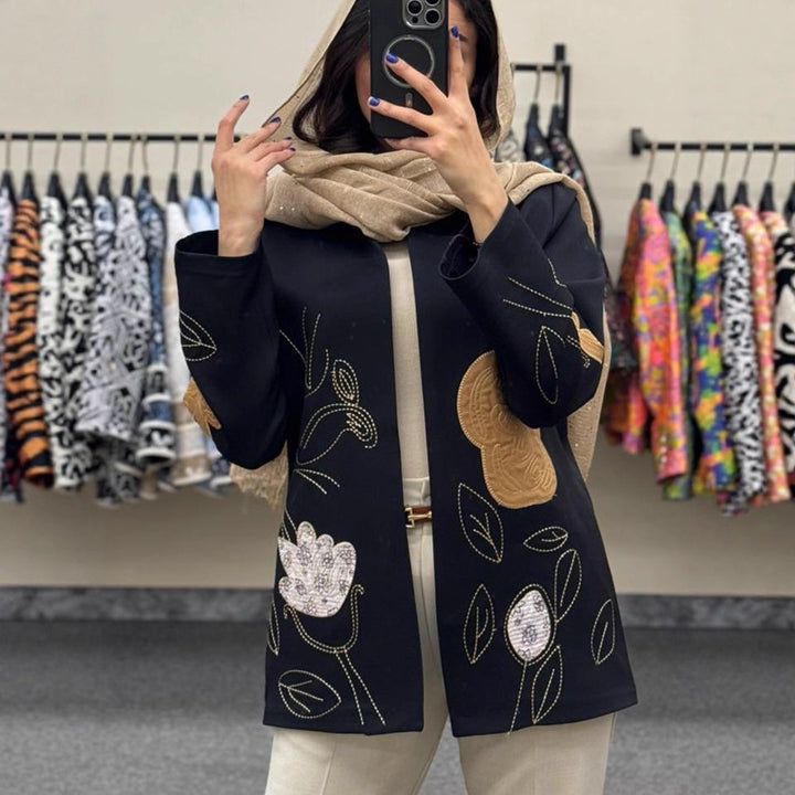 Women open cardigan blazer with floral embroidery & appliqués Mune Fashion