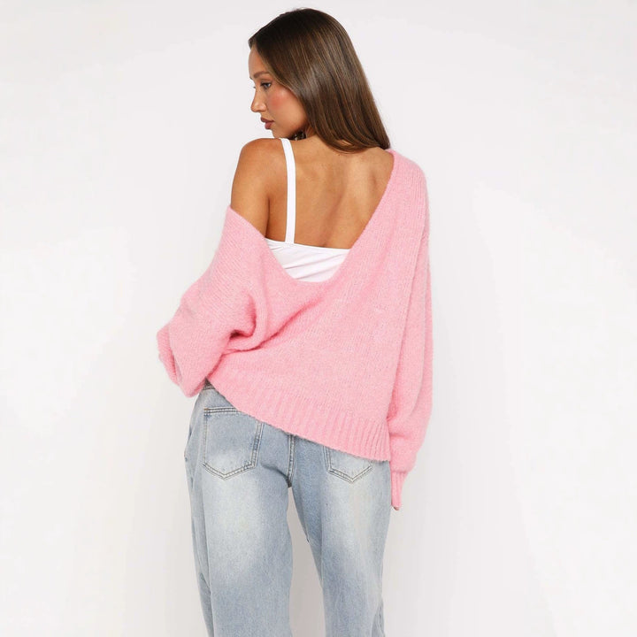 Women Oversize Boucle Sweater with Wide Boat Neck and Ribbed Cuffs Mune Fashion
