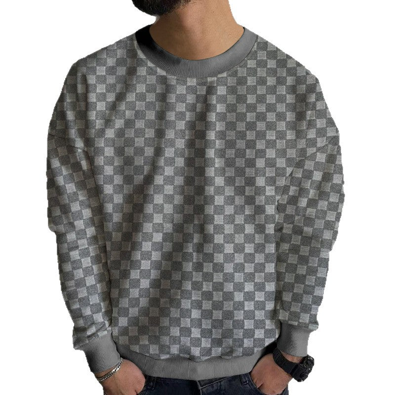 Men's Structured Cotton Sweatshirt with Checked Pattern and Round Neck Mune Fashion