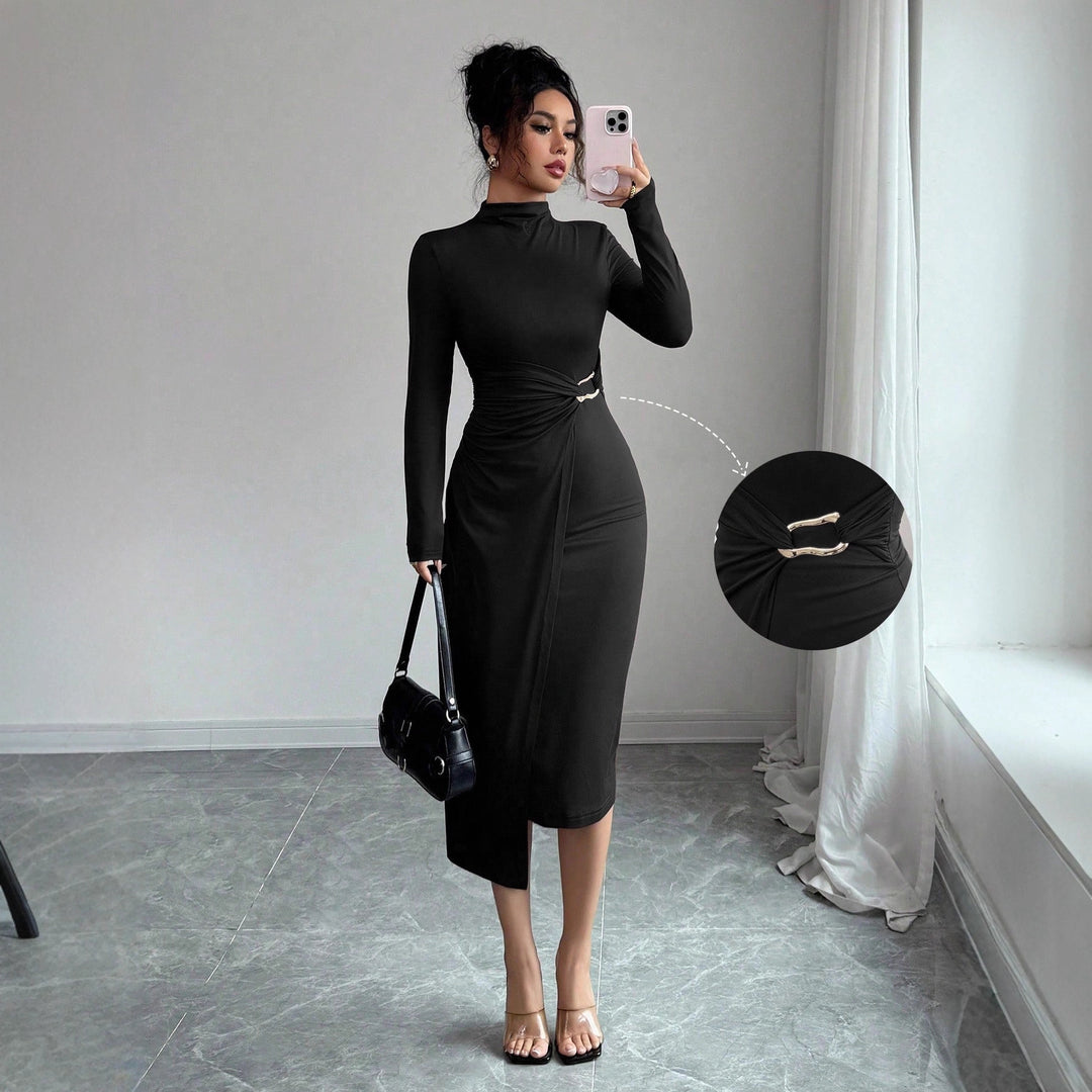 Ladies' figure-hugging midi dress with stand-up collar, waist gathering, and asymmetrical hem Mune Fashion