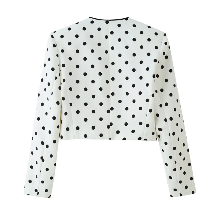Women’s Cropped Transitional Jacket in Polka Dot Design with Round Neckline and Contrasted Trim Processing Mune Fashion
