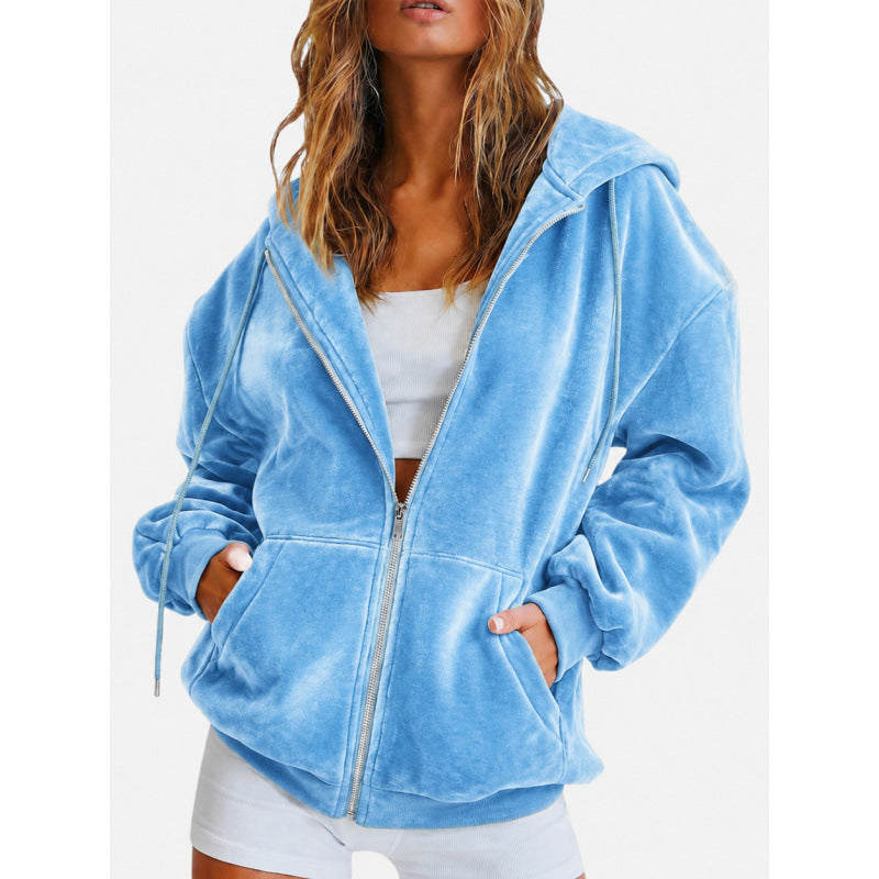 Women's Oversize Velours Hoodie Jacket with Zipper Mune Fashion