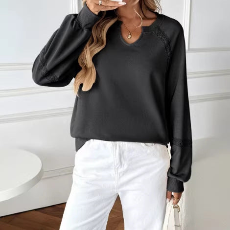 Women's Casual Sweatshirt with V-Notch, Lace Inserts and Balloon Sleeves Mune Fashion