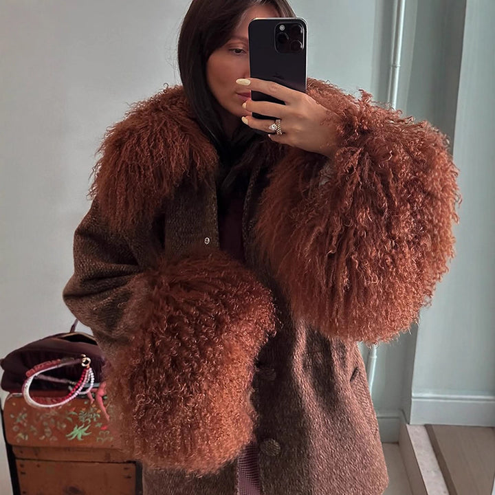 Women's Oversize Wool Blend Marca Coat with Voluminous Lamb Fur Imitation Collar and Extra Wide Sleeve Cuffs Mune Fashion